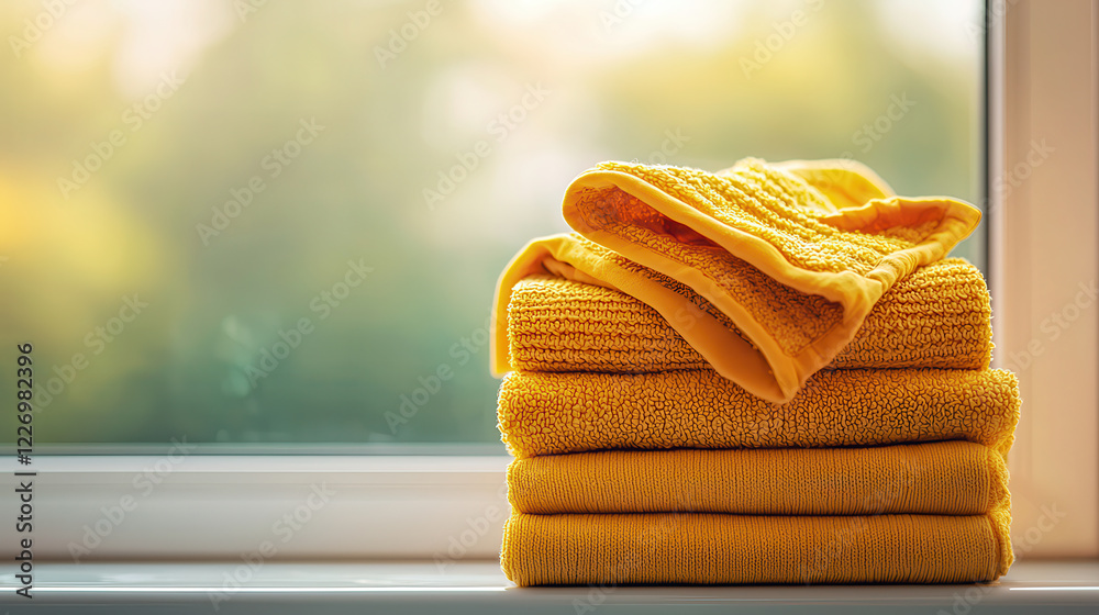 Poster Freshly folded yellow towels stacked neatly by window, creating warm and inviting atmosphere. soft texture and vibrant color enhance cozy feel of space