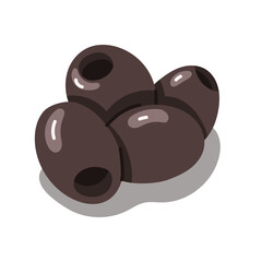 Black Olives without seeds. flat illustration of a group of olives arranged together. Additions to dishes. isolated on white. For use on packages of olive oil and all products containing olive oil.
