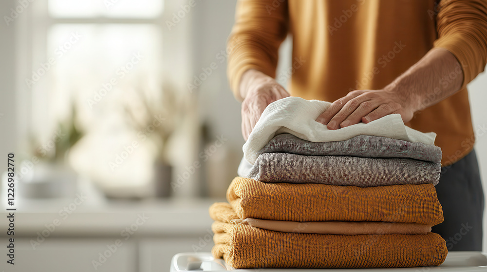 Poster folding freshly laundered towels on table, showcasing neat organization and home care. warm colors a