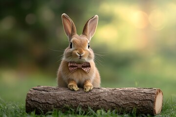 Fototapeta premium A rabbit wearing a bow tie is sitting on a log in a grassy field