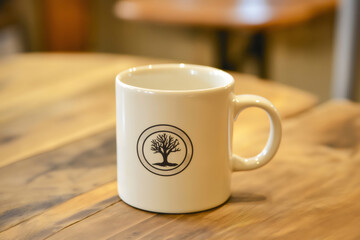 Empty custom printed coffee mug sitting on wooden table in cafe, representing company branding and promotional merchandise