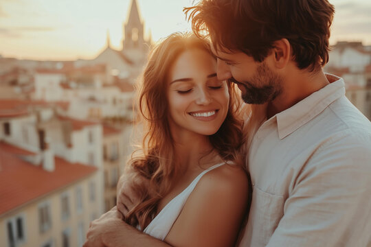 photo of romantic scene of a couple embracing on a rooftop terrace with a picturesque view of a charming European cityscape, featuring pastel-colored buildings, terracotta roof 