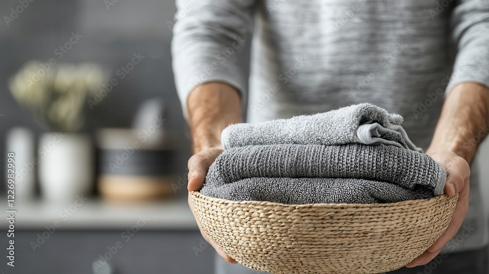Poster freshly folded towels in woven basket, held by person in cozy home setting. soft textures and neutra