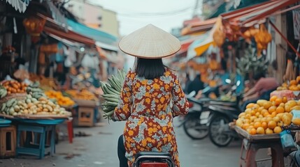 Obraz premium Vietnamese Woman on Motorbike in Bustling Market