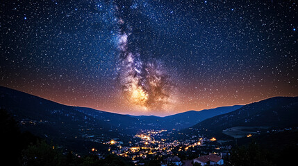Milky Way over mountain village at night
