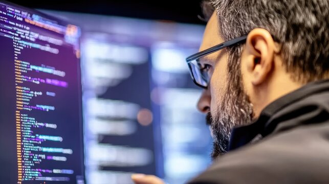 Programmer reviewing lines of complex computer code