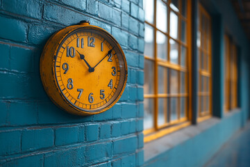 Yellow Clock Hanging On A Teal Brick Wall