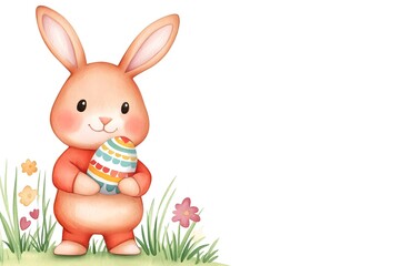 A rabbit holding an Easter egg in a field
