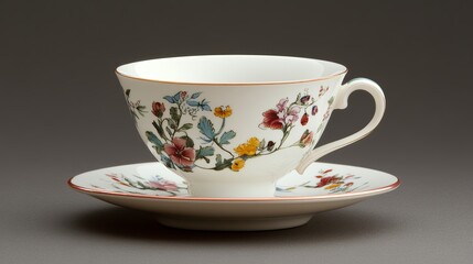 A small porcelain teacup with delicate floral designs on a white saucer. picture