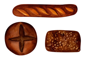 Rye baguette, round sourdough bread, and multigrain bread depicted in a watercolor composition. Perfect for evoking the rustic charm of artisanal baking, for packaging, branding, and culinary designs