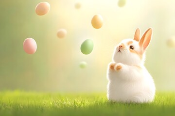 A rabbit is standing in a grassy field with a bunch of eggs in the air