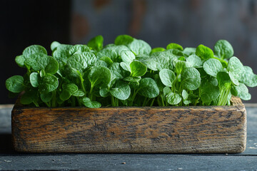 Lush Green Watercress Plants in Wooden Box