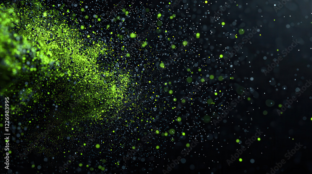 Poster vibrant green particles scatter against dark background, creating dynamic and energetic visual effec