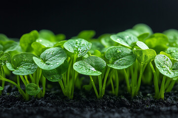 Lush green seedlings sprout from dark rich soil