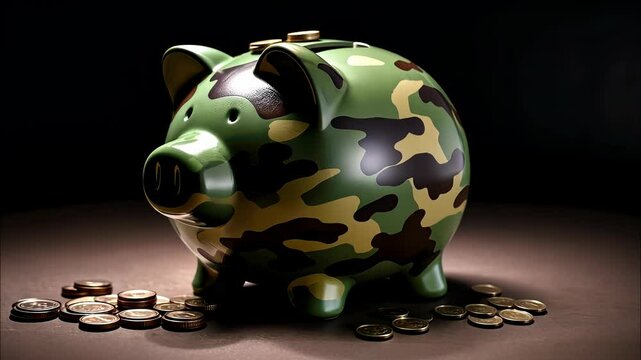 A creative camouflage piggy bank stands guard over scattered coins in a cozy, dimly lit room