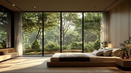 Modern bedroom, forest view, sunrise, tranquility, interior design (1)