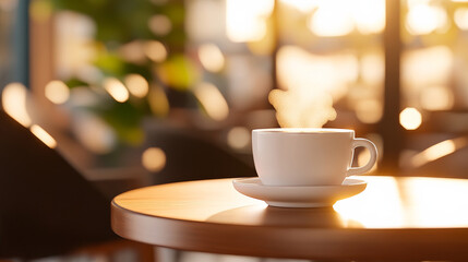 Morning Coffee at the Cafe: A steaming cup of coffee sits on a wooden table in a sunlit cafe, creating a warm and inviting atmosphere perfect for a relaxing start to the day. 