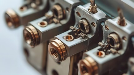 59. A close-up shot of a precise electrical contactor with a metallic finish, isolated on a white surface