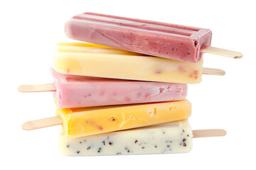 Colorful Popsicles in Various Flavors Stacked on a White Background for a Refreshing Summer Treat