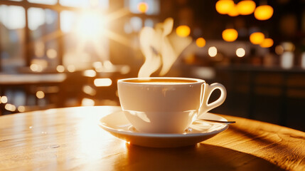Fototapeta premium Morning Coffee Shop: A steaming cup of coffee sits on a wooden table in a warm, inviting café, bathed in the golden light of the morning sun. The perfect start to the day. 