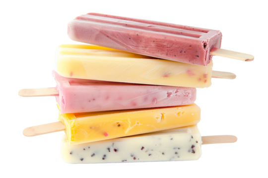 Colorful Popsicles in Various Flavors Stacked on a White Background for a Refreshing Summer Treat
