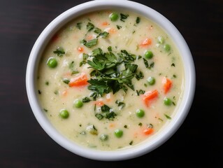 A bowl of soup with peas and carrots. The soup is creamy and has a light green color