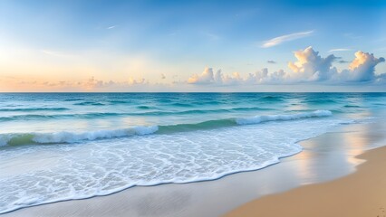 Fototapeta premium Serene sunrise over a tranquil ocean beach with gentle waves lapping the sandy shore under a partly cloudy sky.
