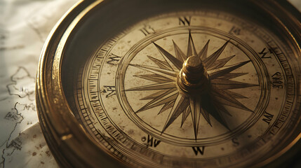 Vintage compass on ancient map with nautical elements