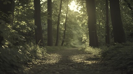 Obraz premium Golden sunlight illuminates a tranquil forest path, evoking peace and natural harmony.