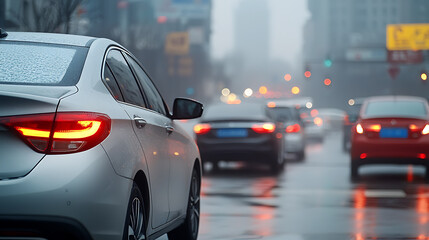 Obraz premium Traffic jam chaos urban intersection city scene rainy environment street level viewpoint commuter struggles