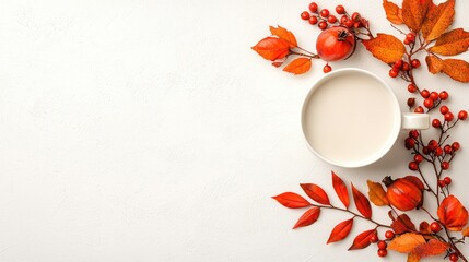 Autumn beverage, fall leaves, white background, cozy scene, blog post