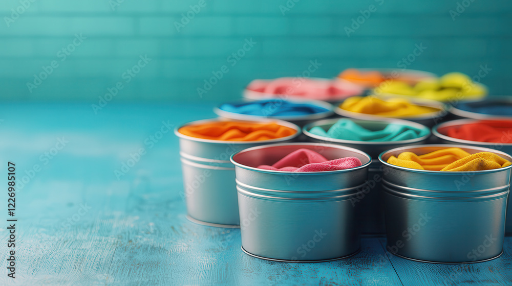 Poster colorful fabric pieces are neatly arranged in metal buckets, creating vibrant and organized display.