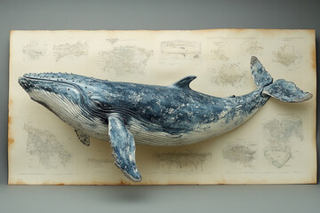 A sculpted humpback whale displayed on antique maps