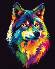 Naklejka premium Multicolored wolf portrait logo on a black background