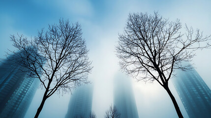 Dense urban fog from pm pollution envelopes city buildings and trees urban environment photography atmospheric viewpoint environmental impact
