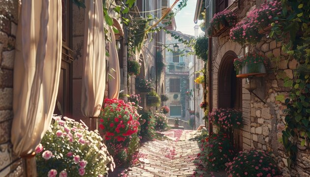 Veduta panoramica di una via fiorita nel borgo di Spello, Italia, con dettagli di finestre decorate con tende leggere e gerani, mentre il sole del mattino illumina la scena
