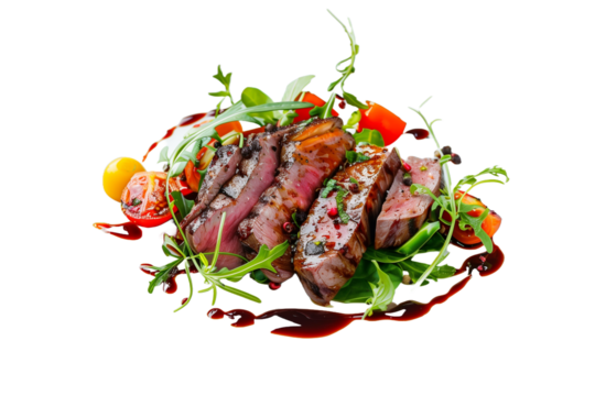 Gourmet Meat Dish Served With Fresh Vegetables and Sauce on a White Background Showcasing Culinary Artistry and Presentation