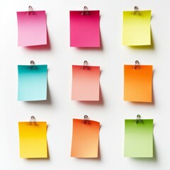 Blank Colorful Sticky Notes: A vibrant grid of blank colorful sticky notes with silver clips, ready for your notes, ideas, and reminders. The minimalist design allows for easy customization.