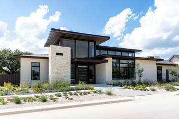 Fototapeta premium Modern architectural design showcases minimalist home with large windows and natural landscaping in a suburban neighborhood on a sunny day