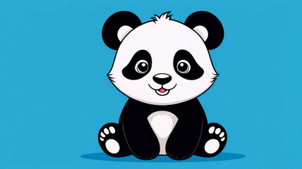 Fototapeta premium 2d style panda on blue background, cute bear, funny animal