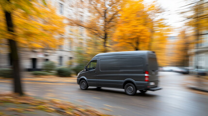 Fototapeta premium Delivery van driving away on street, symbolizing efficient logistics and timely service in modern transportation and supply chain management.