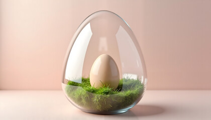 Egg inside glass dome with grass on pastel background