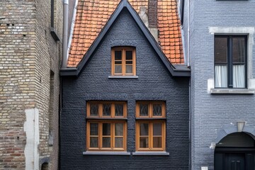 Unique black house with orange roof nestled between brick buildings in an urban setting, showcasing modern architectural design and historical charm