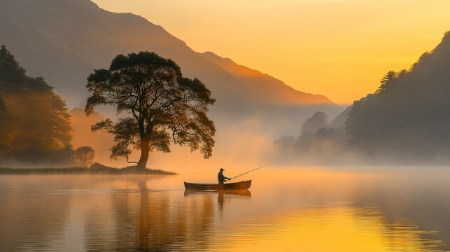 Sunrise fishing, misty lake, mountains, serenity, calm - Powered by Adobe