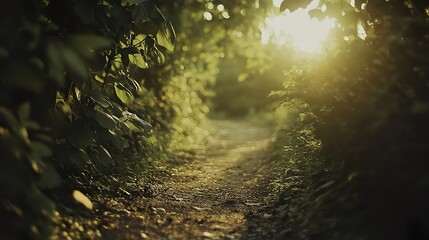 Obraz premium Golden sunlight illuminates a tranquil forest path, evoking peace and natural harmony.