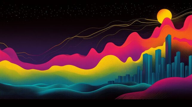 Abstract Vector Landscape, Colorful Synthwave Style with Line Chart, Bar Graph on Dark Background - Powered by Adobe