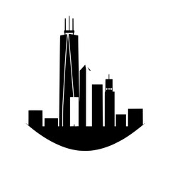 Majestic Cityscape: A Modern Architectural Marvel.  A striking black and white illustration of towering skyscrapers, capturing the essence of urban design and the beauty of modern architecture.