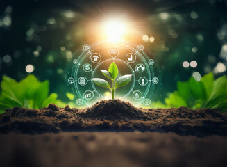 A young sprout emerges from dark soil, encircled by a glowing holographic ring displaying various icons, symbolizing growth, technology, and nature's interconnectedness.  A bright light shines from be