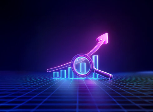 Neon-lit upward trending graph with magnifying glass, signifying growth and analysis.  Retro grid background adds a futuristic feel.