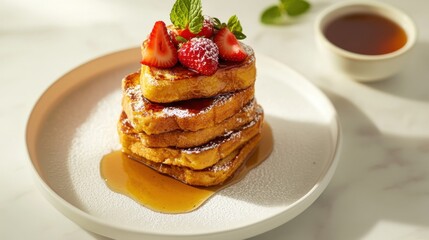 A delicious and fluffy French toast stack topped with fresh strawberries, a drizzle of maple syrup, and a dusting of powdered sugar